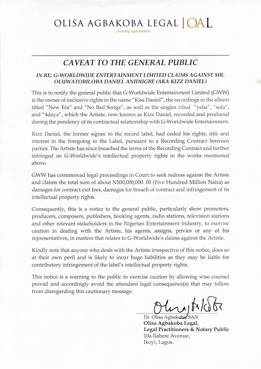 G-Worldwide Counsel: Dr. Olisa Agbakoba SAN strongly warns against dealing with Kizz Daniel