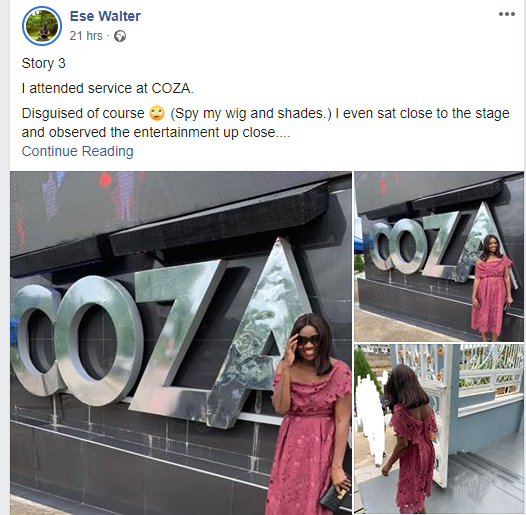Ese Walter who first accused Pastor Fatoyinbo of sexual abuse reveals she recently attended COZA in disguise. Shares her reason