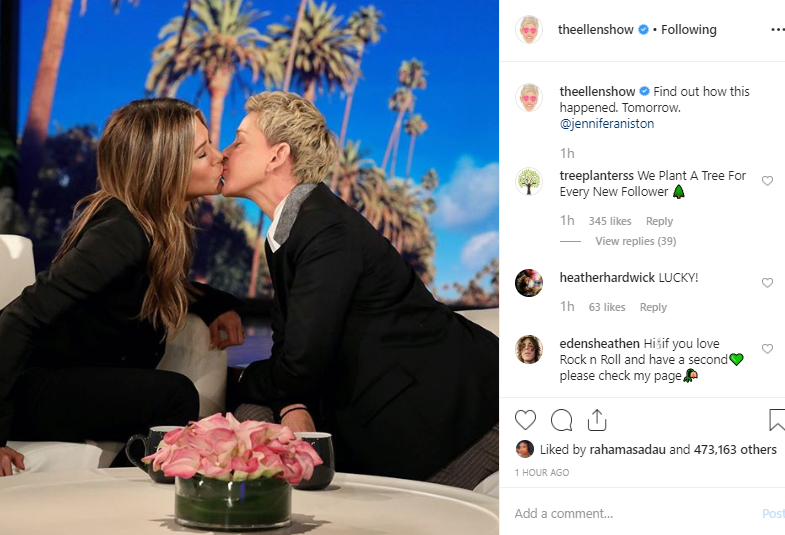 Ellen DeGeneres kisses Jennifer Aniston on the mouth on the set of her talk show