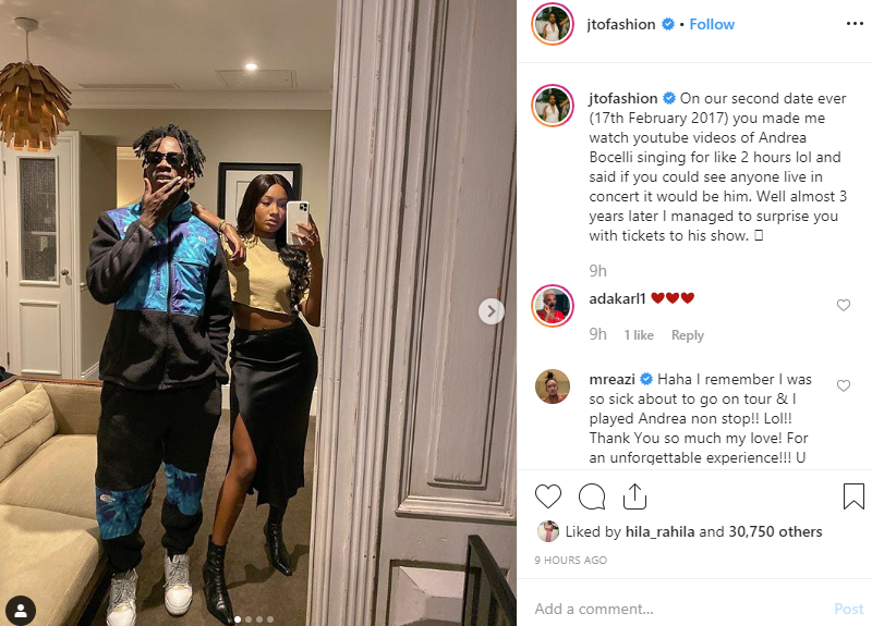 Temi Otedola surprises Mr Eazi with tickets to Andrea Bocelli concert after he made her watch his video on their second date 