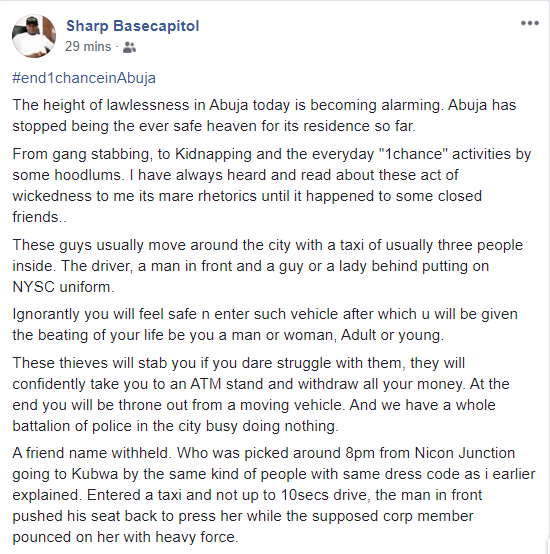 Concerned Nigerian raises alarm over increase of one chance operation in Abuja; discloses how they operate.
