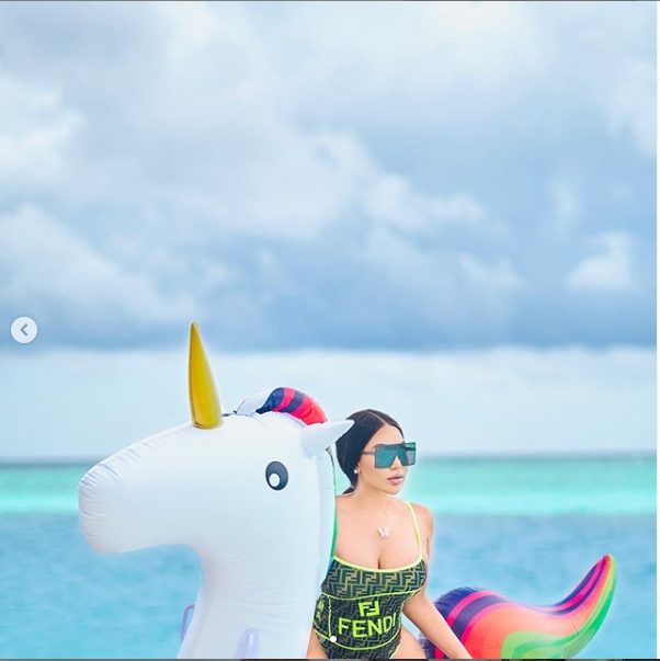 Dencia flaunts her curves in one-piece Fendi?swimsuit as she vacations in the Maldives Island (Photos)