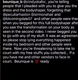 Cindy reacts to being called out by boutique owner, promises to sue (listen to voicenote) 