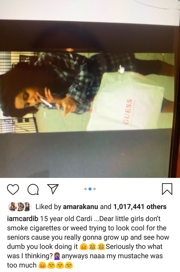 Cardi shares photos of herself smoking weed at 15 with multiple face piercings as she advices young girls to desist from smoking weed