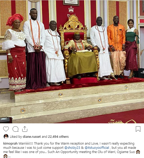 Omashola, Kim Oprah and Tuoyo receive grand reception as the Olu of Warri welcomes them home