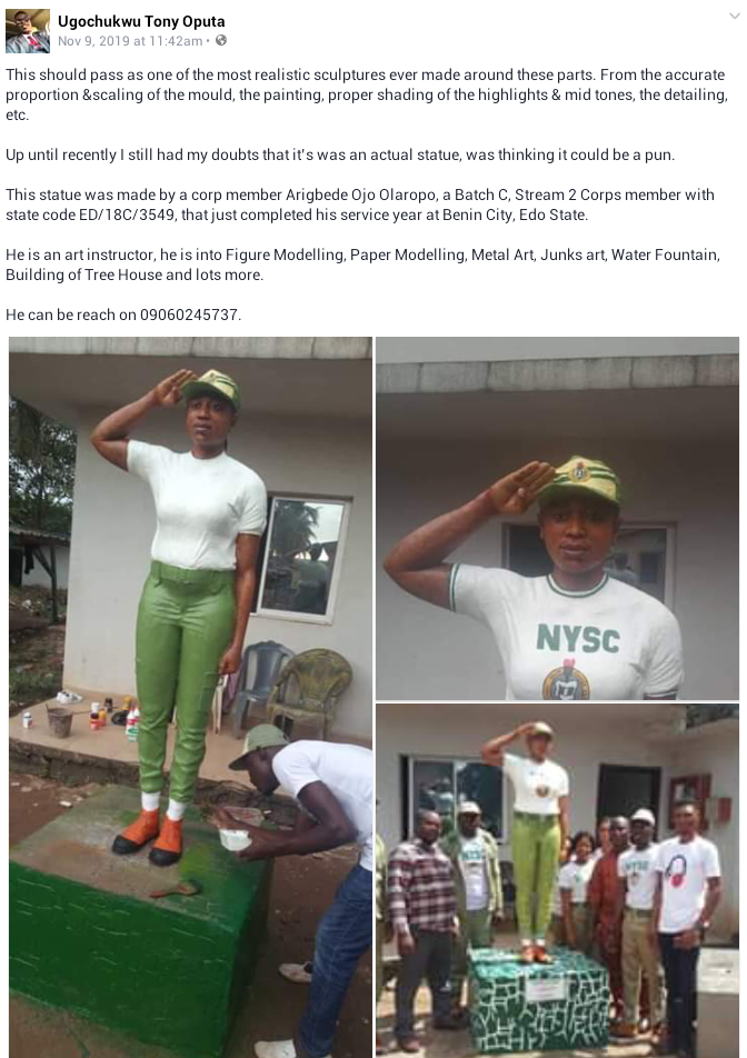 Amazing! This sculpture of a female Corps member made by a male Corps member is so realistic it could pass for a real human being