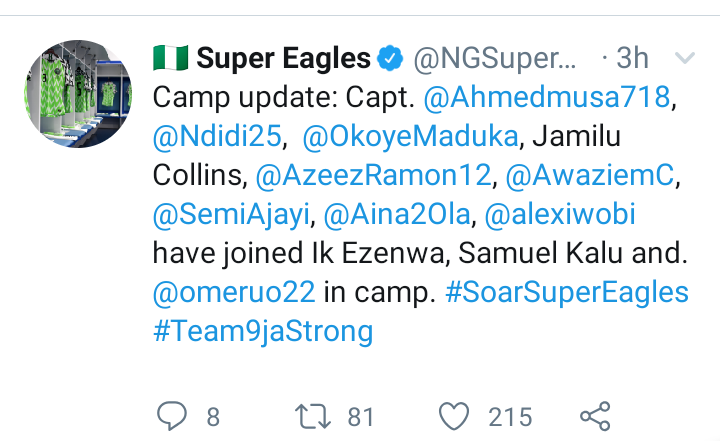 Ahmed Musa, Iwobi, Wilfred Ndidi, Ajayi and 5 others arrive Uyo for Super Eagles AFCON Qualifier against Benin 