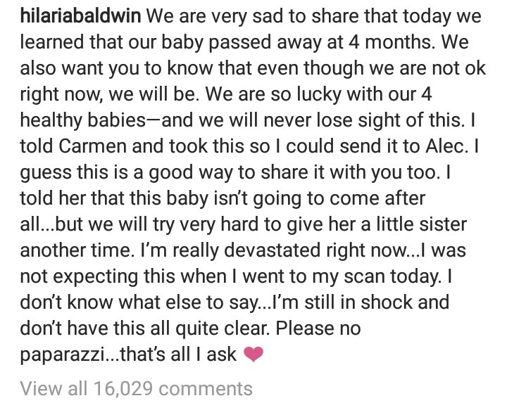 Hilaria Baldwin reveals she has suffered a miscarriage; shares video of the sad moment she broke the news to her daughter