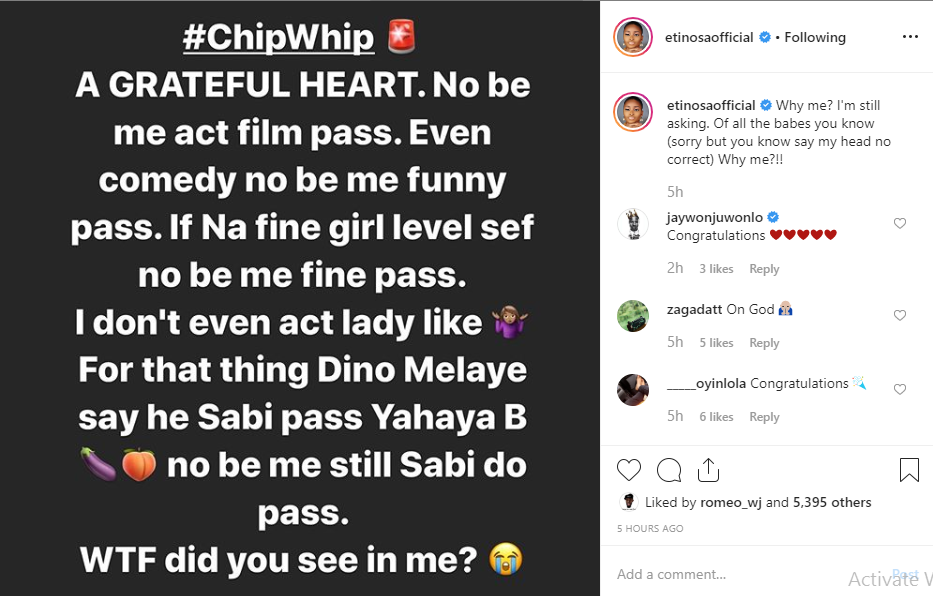 Actress Etinosa gets car gift after replying a DM