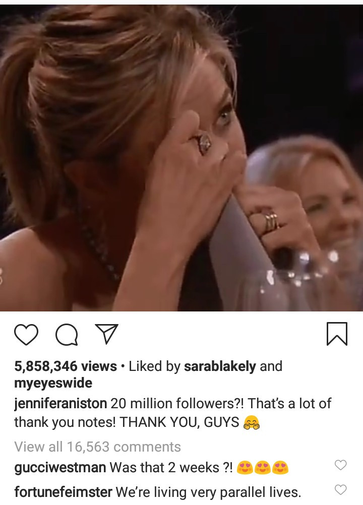 Jennifer Aniston celebrates reaching 20 million Instagram followers just one month after joining