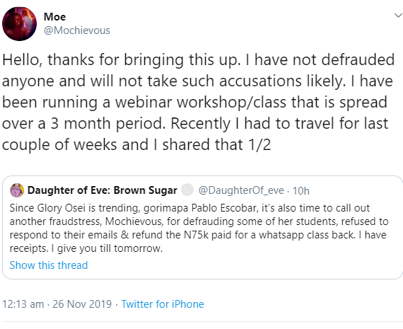 Another female entrepreneur forced to respond after being accused of collecting #75,000 from Nigerians for a WhatsApp course she didn