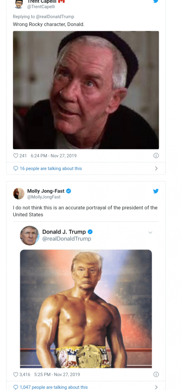 Twitter users react after Trump posts bare chested image of his face on a Rocky Balbao body 