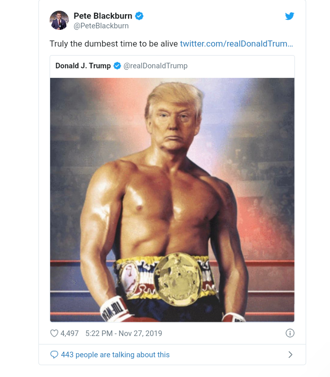 Twitter users react after Trump posts bare chested image of his face on a Rocky Balbao body 