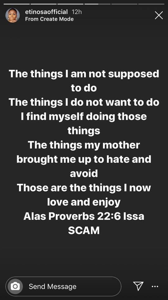 Actress Etinosa says Proverbs 22vs6 is a scam as she smokes and uses the Bible as an ashtray 