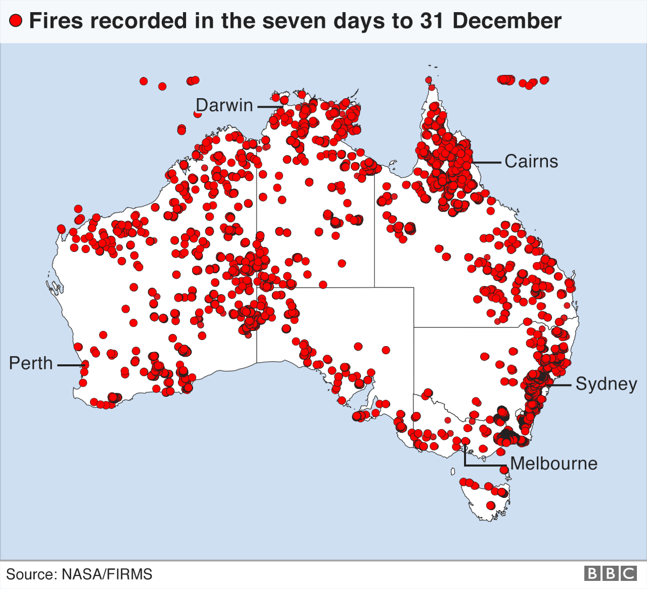 Map of Australia fires recorded as active in the seven days up to 31 December 2019