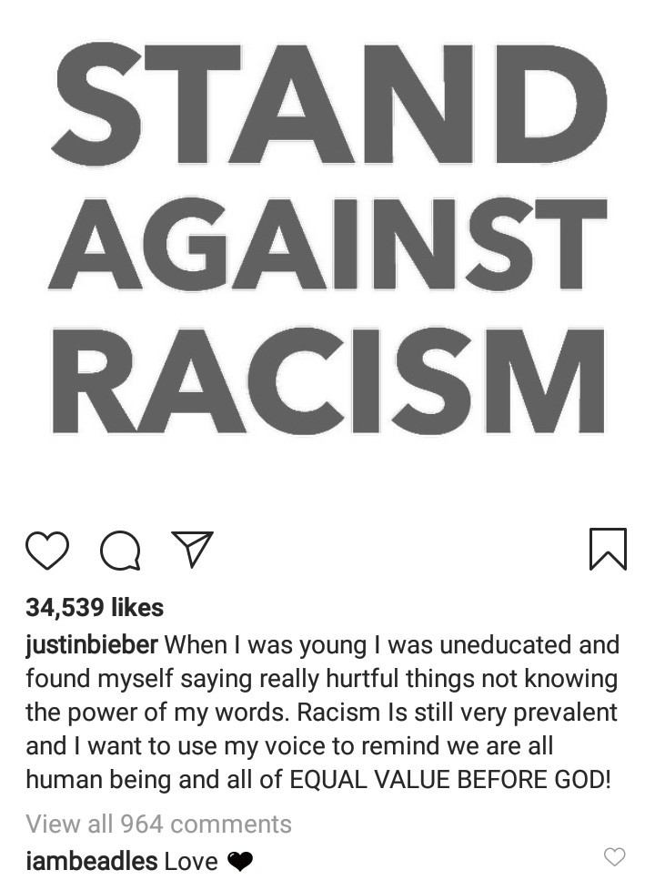 Justin Bieber passionately condemns racism