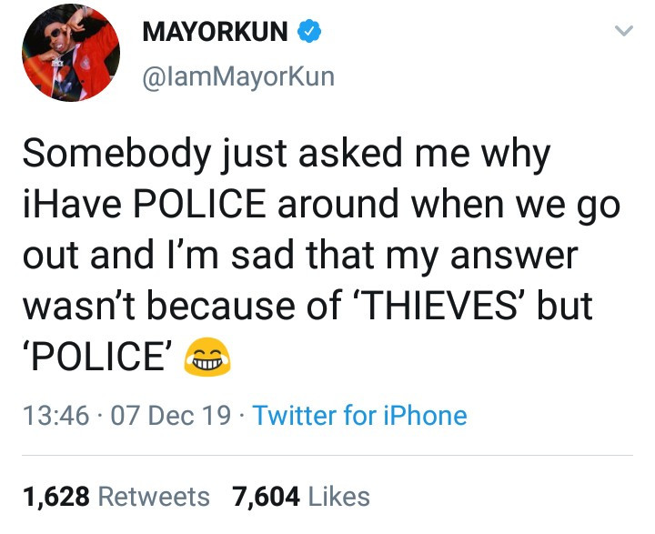 Mayorkun explains why he goes around with a lot of police escorts