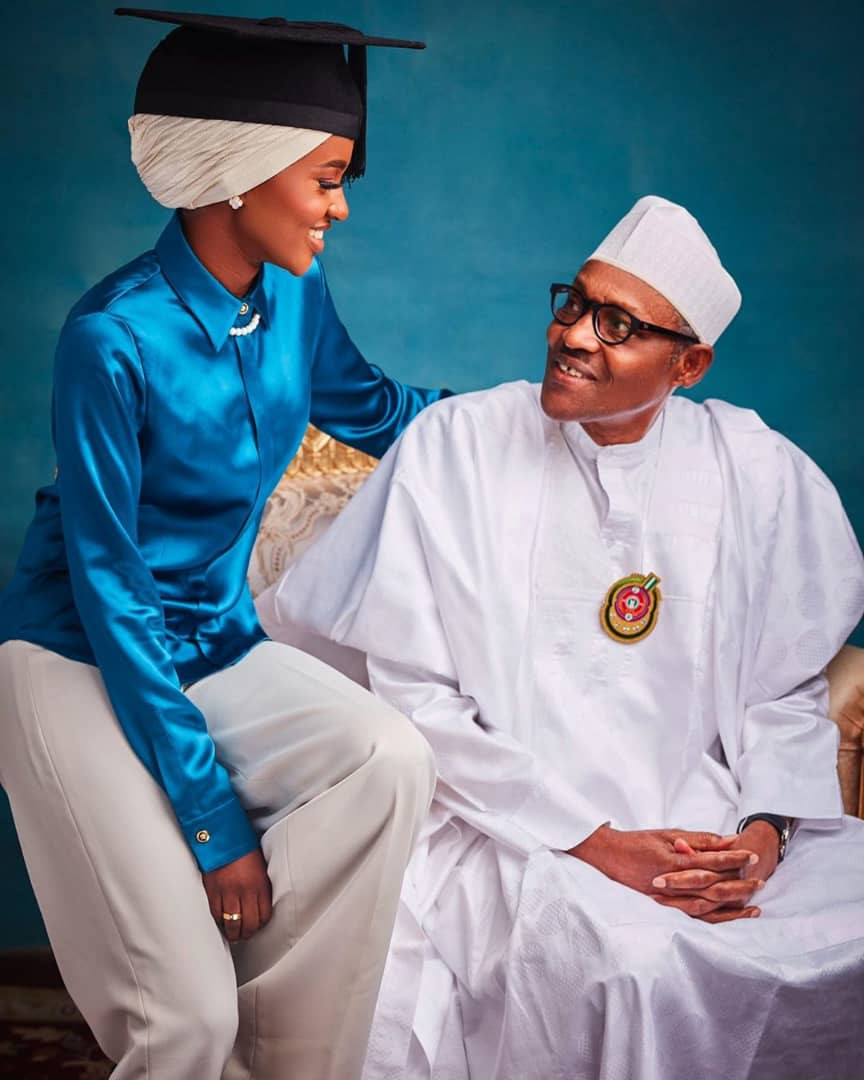 Proud dad! President Buhari looks at his daughter Hanan with pride after she graduated from a UK university with first class honors (photos)