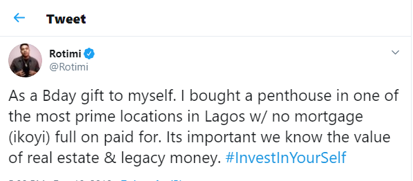 Power star, Rotimi reveals he bought a penthouse in Ikoyi as birthday gift to himself?