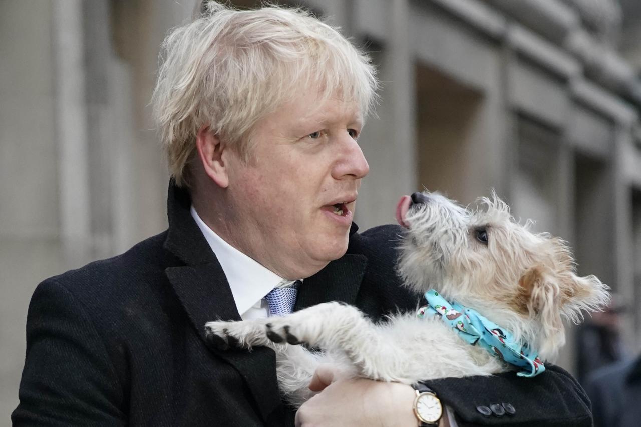 Boris Johnson takes his dog to polling booth for UK elections today (photos)