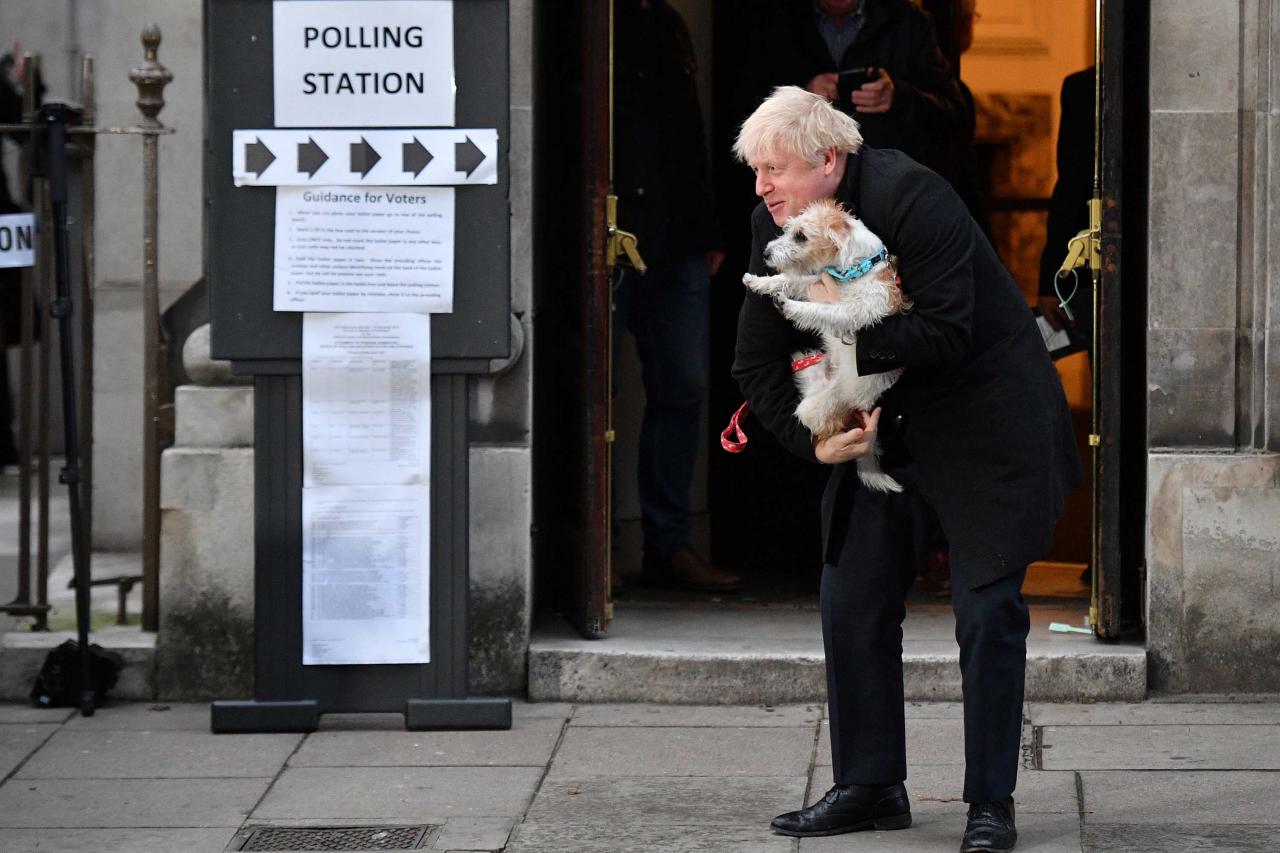 Boris Johnson takes his dog to polling booth for UK elections today (photos)