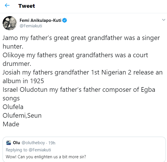 Femi Kuti enlightens Twitter user on the history of the