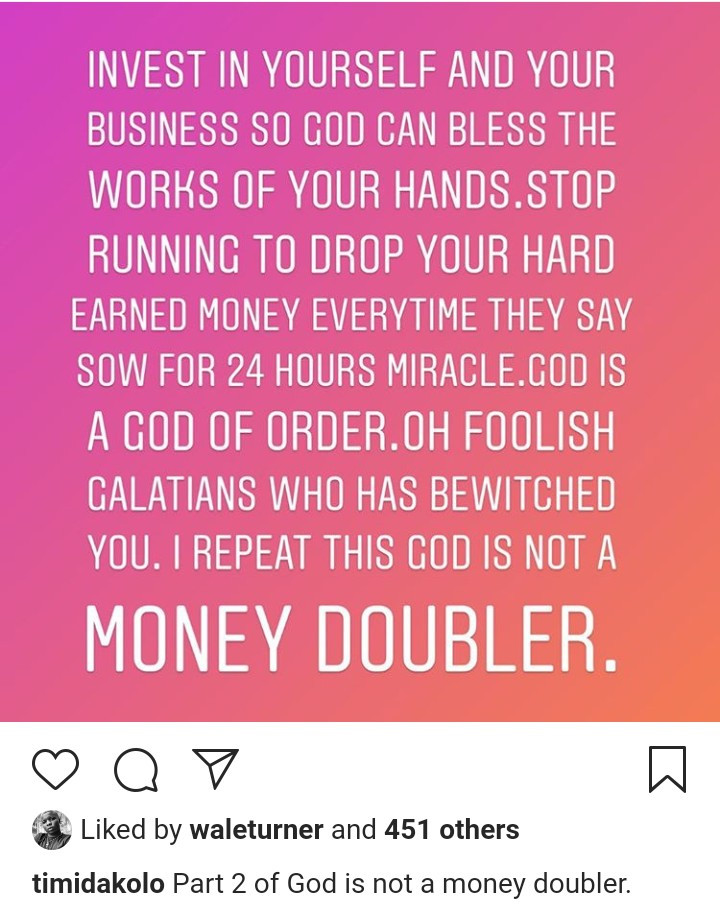 Timi Dakolo tells followers to invest their money rather than use it to sow seeds at the request of their pastors