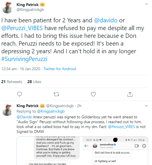 "See my reward for helping Peruzzi" Record producer who claims to have helped Peruzzi before he got recognized, accuses him of betrayal 