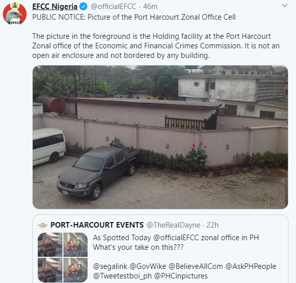 EFCC disowns purported pictures of Port Harcourt detention facility