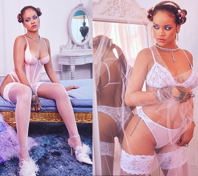 Rihanna strikes sexy poses in lace lingerie and a plunging corset (Photos)