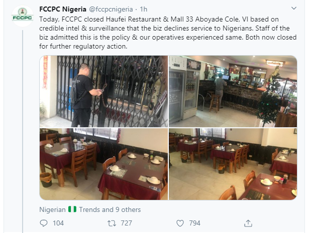 FG shuts down Chinese restaurant that refused to serve Nigerians in Lagos 