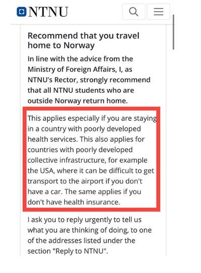 Coronavirus: Norwegian university shades US Healthcare System in message to students who live abroad 