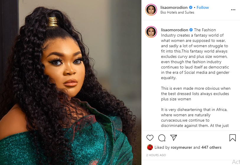 No plus size woman made it to best dressed list - Actress Lisa Omorodion calls out AMVCA organizers for