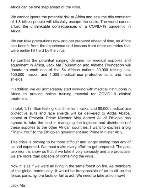 Jack Ma donates medical supplies to help Africa in the fight against coronavirus