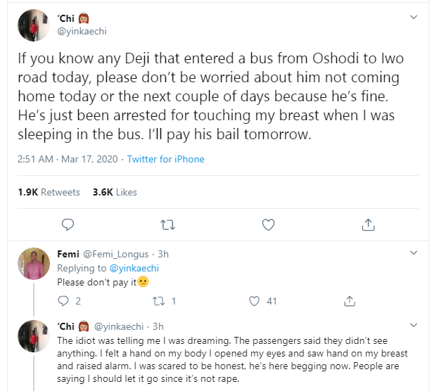 Nigerian lady gets man arrested for touching her boobs in a bus in Lagos