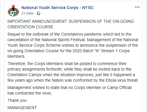 We suspended on-going orientation course due to coronavirus just like we did during ebola - NYSC
