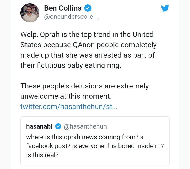 Oprah Winfrey reacts to reports that she was arrested on sex trafficking and child porn charges