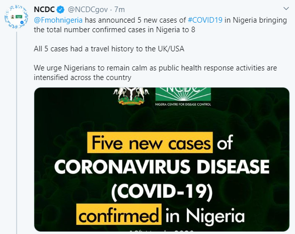 Breaking:  FG confirms five new cases of Coronavirus in Nigeria