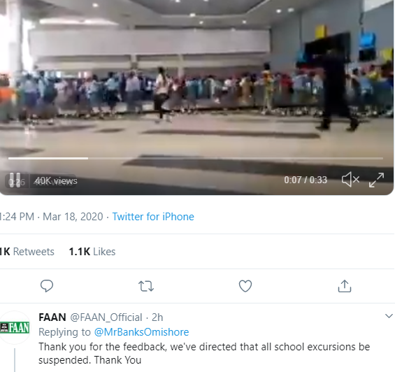 FAAN reacts after school takes students on an excursion to Abuja airport amidst Coronavirus outbreak