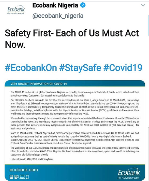 Late coronavirus patient, Suleiman Achimugu visited an Ecobank branch in Abuja 