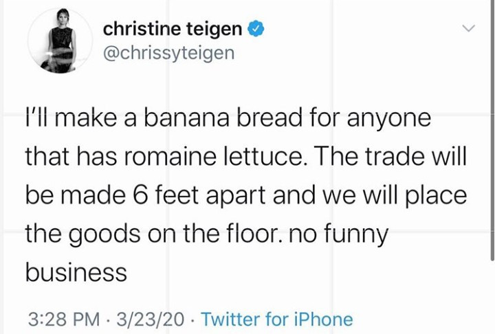 Chrissy Teigen trades banana bread for lettuce with a complete stranger she met on Twitter during coronavirus lockdown (video)