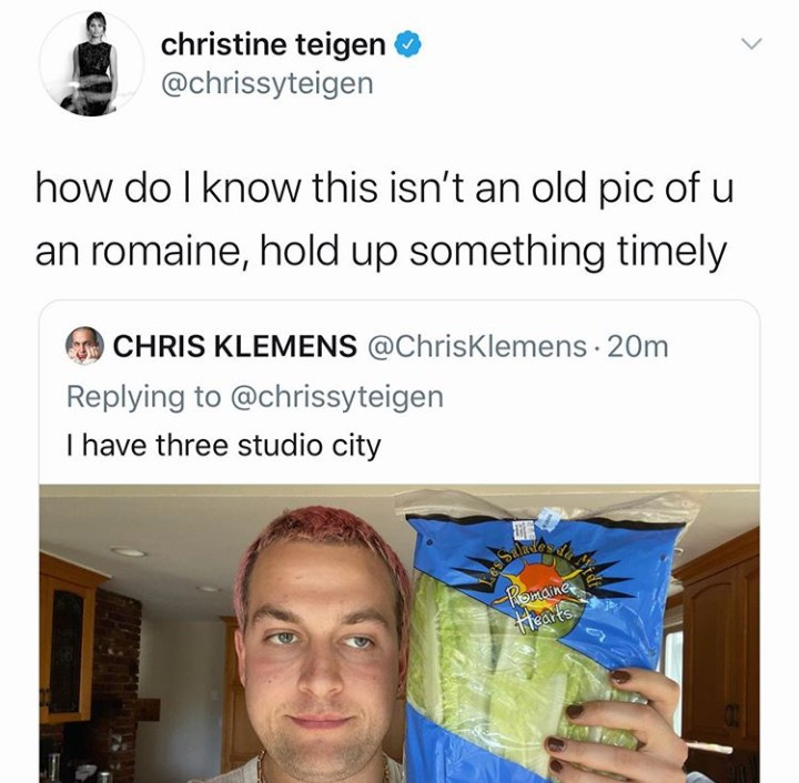 Chrissy Teigen trades banana bread for lettuce with a complete stranger she met on Twitter during coronavirus lockdown (video)