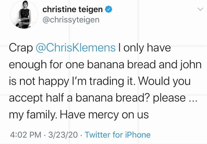 Chrissy Teigen trades banana bread for lettuce with a complete stranger she met on Twitter during coronavirus lockdown (video)