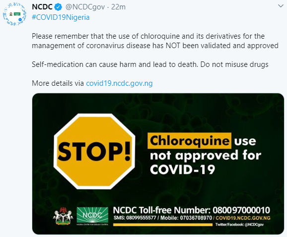 Chloroquine not approved for treatment of Coronavirus ? NCDC warns Nigerians