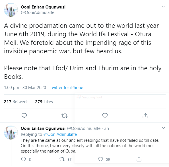 "Coronavirus solution. It is real and it works" Ooni of Ife reveals herbs he says can be used to treat coronavirus