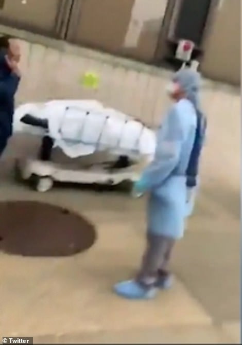 Dead bodies loaded into refrigerated trucks outside New York hospitals after 98 people die from coronavirus in seven hours (video)