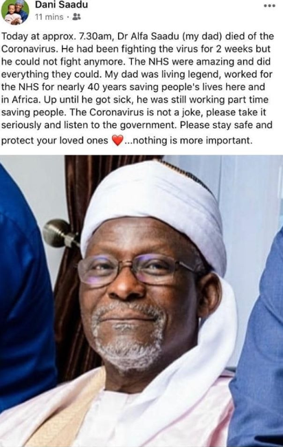 Prominent Nigerian medical doctor dies after contracting Coronavirus while treating UK COVID-19 patients