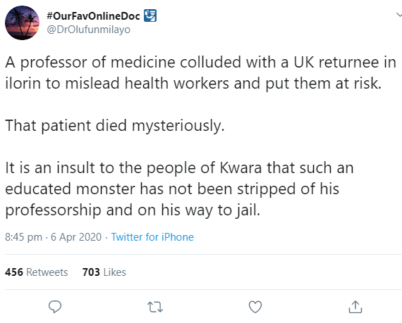 Outrage as professor of medicine is accused of "colluding" with late Coronavirus patient to hide his travel history from doctors, nurses and burial attendants in Kwara