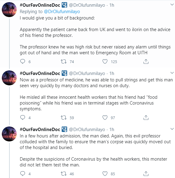 Outrage as professor of medicine is accused of "colluding" with late Coronavirus patient to hide his travel history from doctors, nurses and burial attendants in Kwara
