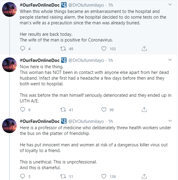 Outrage as professor of medicine is accused of "colluding" with late Coronavirus patient to hide his travel history from doctors, nurses and burial attendants in Kwara